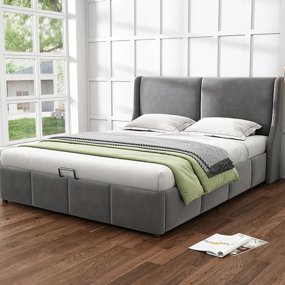 Okwish Lit coffre 160x200 cm - Lit double capitonné avec tête de lit oreille - Velours - Sans Matelas - Gris