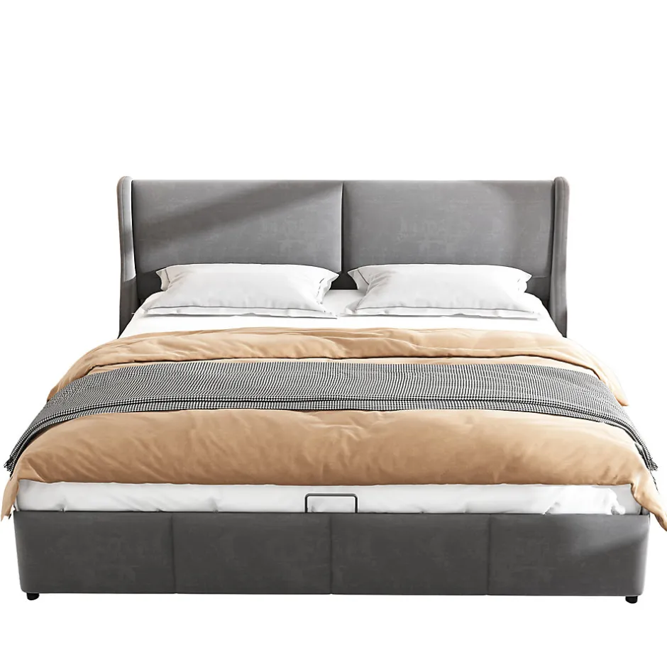 Okwish Lit coffre 160x200 cm - Lit double capitonné avec tête de lit oreille - Velours - Sans Matelas - Gris