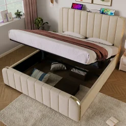 Okwish Lit coffre 140x200 cm - Lit double avec fonction de chargement USB Type-C - Lin - avec Matelas - Beige