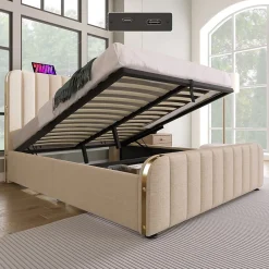 Okwish Lit coffre 140x200 cm - Lit double avec fonction de chargement USB Type-C - Lin - avec Matelas - Beige