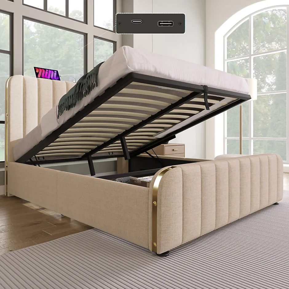 Okwish Lit coffre 140x200 cm - Lit double avec fonction de chargement USB Type-C - Lin - avec Matelas - Beige