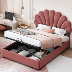 Okwish Lit coffre 140x200 cm - Lit double avec tête de lit fleur réglable - Velours + Métal + MDF - Sans matelas - Rose
