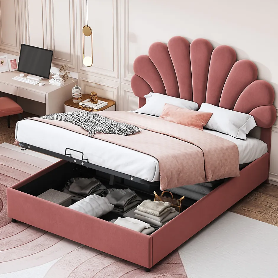 Okwish Lit coffre 140x200 cm - Lit double avec tête de lit fleur réglable - Velours + Métal + MDF - Sans matelas - Rose