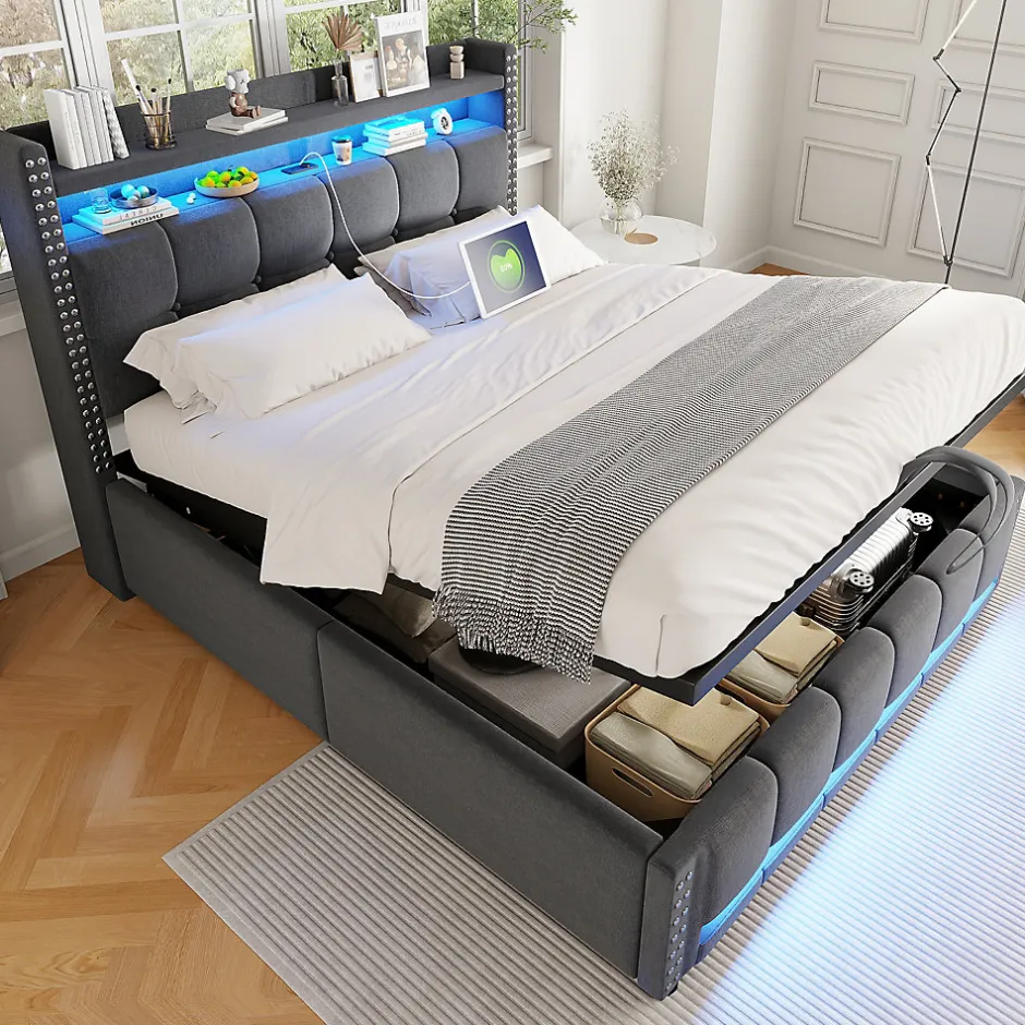 Okwish Lit coffre 140x200 cm - Lit double en tissu gris avec LED multicolores et rangement hydraulique - Sans matelas
