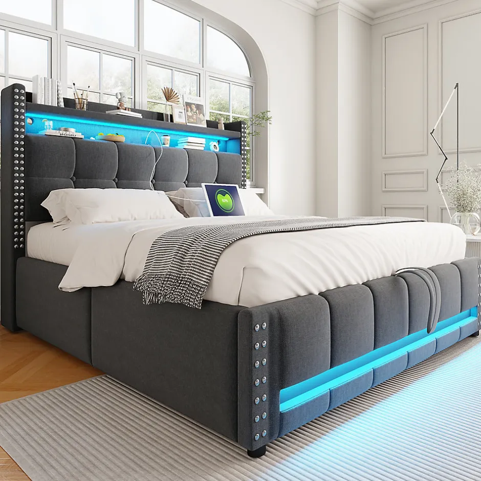 Okwish Lit coffre 140x200 cm - Lit double en tissu gris avec LED multicolores et rangement hydraulique - Sans matelas