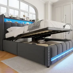 Okwish Lit coffre 140x200 cm - Lit double en tissu gris avec LED multicolores et rangement hydraulique - Sans matelas