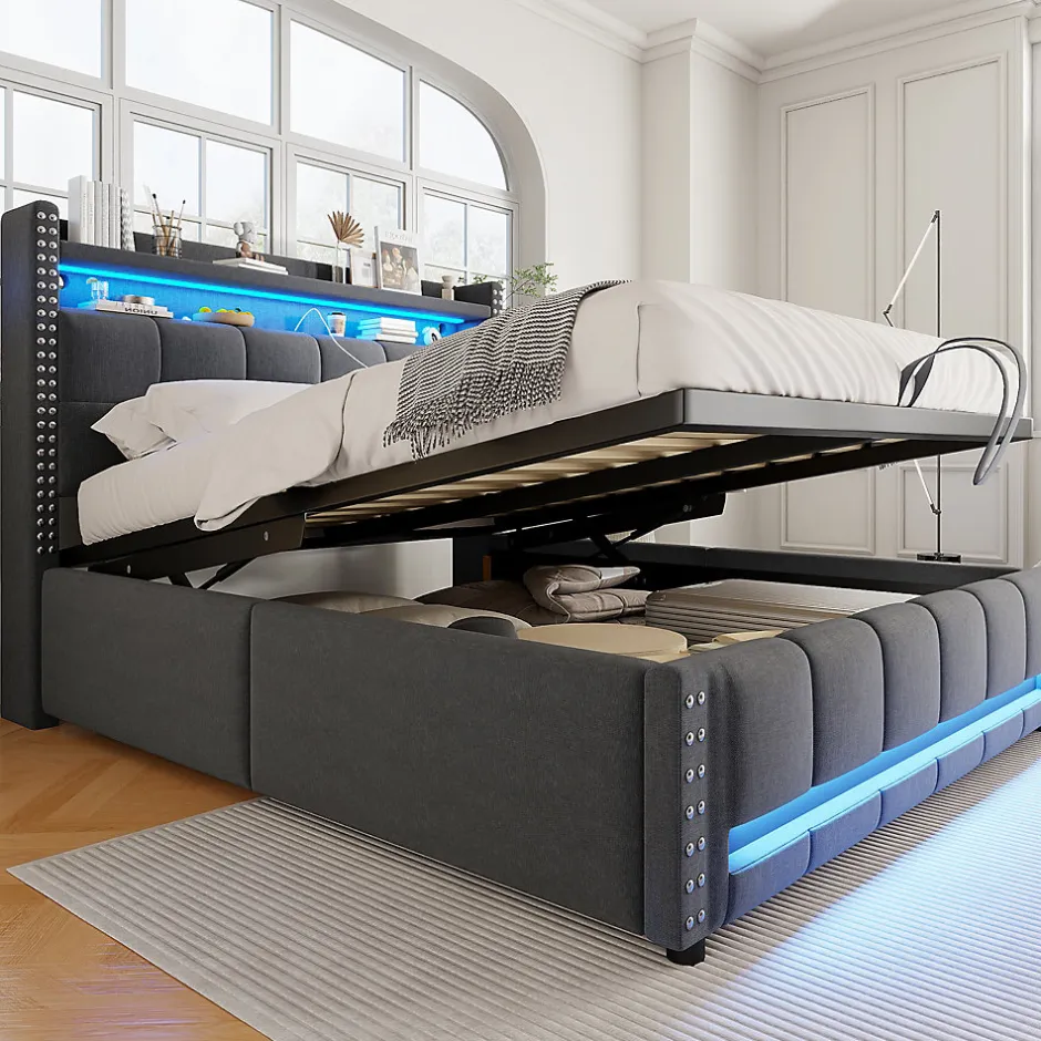 Okwish Lit coffre 140x200 cm - Lit double en tissu gris avec LED multicolores et rangement hydraulique - Sans matelas