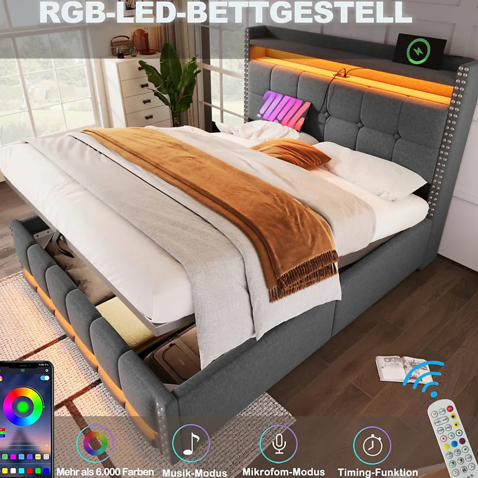 Okwish Lit coffre 140x200 cm - Lit double en tissu gris avec LED multicolores et rangement hydraulique - Sans matelas