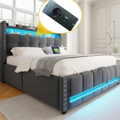 Okwish Lit coffre 140x200 cm - Lit double en tissu gris avec LED multicolores et rangement hydraulique - Sans matelas