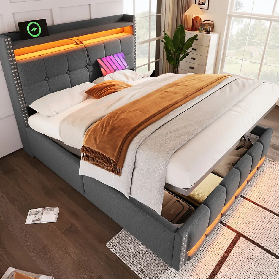 Okwish Lit coffre 140x200 cm - Lit double en tissu gris avec LED multicolores et rangement hydraulique - Sans matelas
