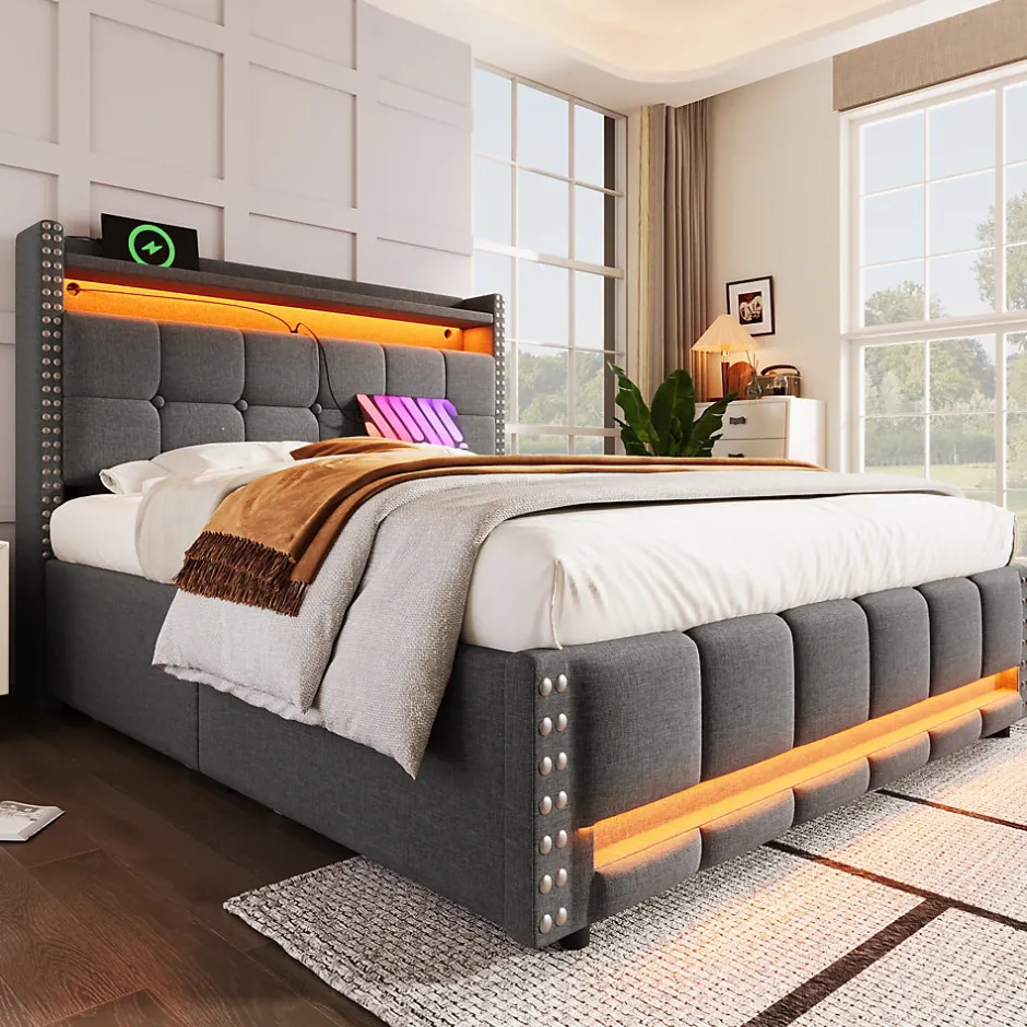 Okwish Lit coffre 140x200 cm - Lit double en tissu gris avec LED multicolores et rangement hydraulique - Sans matelas