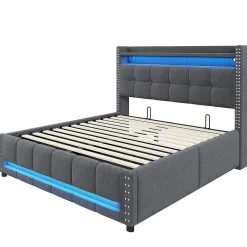 Okwish Lit coffre 140x200 cm - Lit double en tissu gris avec LED multicolores et rangement hydraulique - Sans matelas