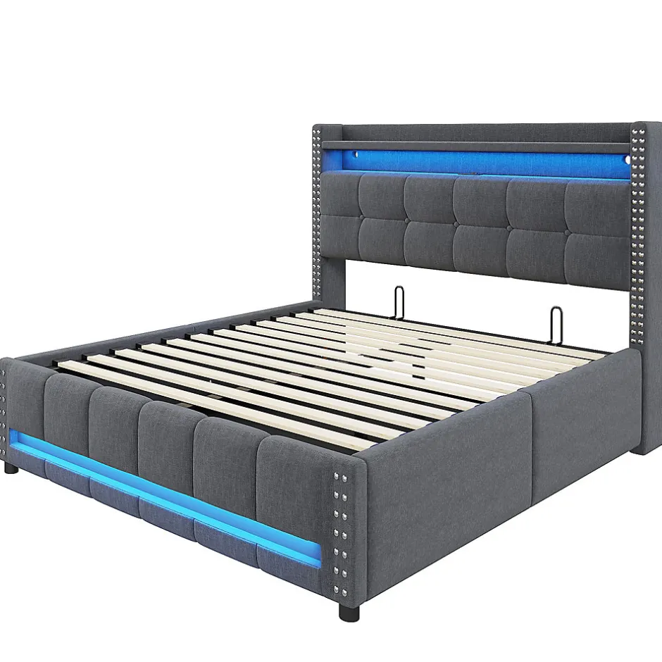 Okwish Lit coffre 140x200 cm - Lit double en tissu gris avec LED multicolores et rangement hydraulique - Sans matelas