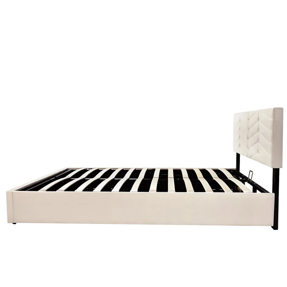 Okwish Lit coffre 140x200 cm - Lit Double Capitonné avec Tête de Lit Réglable - Velours - Sans Matelas - Beige Clearance