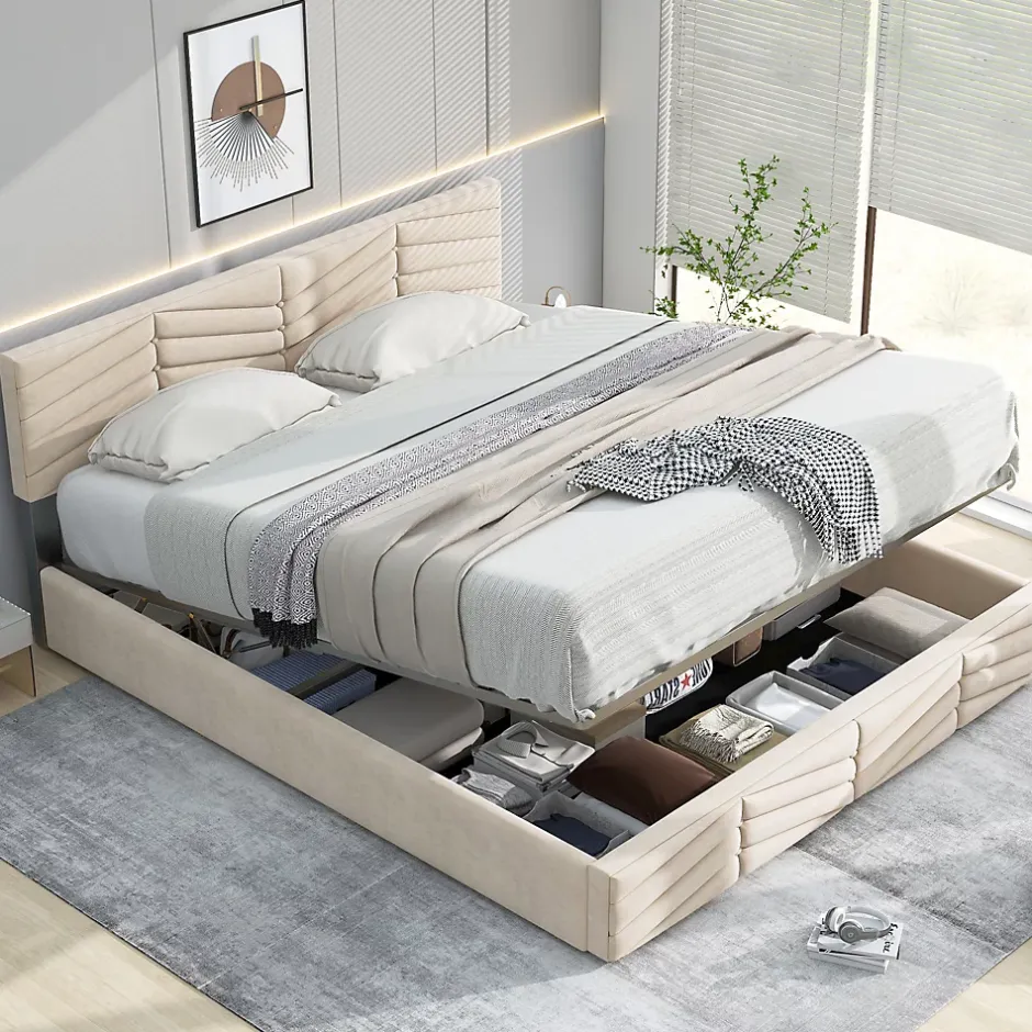 Okwish Lit coffre 140x200 cm - Lit Double Capitonné avec Tête de Lit Réglable - Velours - Sans Matelas - Beige Clearance