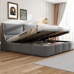 Okwish Lit coffre 180x200 cm - Lit double capitonné avec tête de lit oreille - Velours - Sans Matelas - Gris