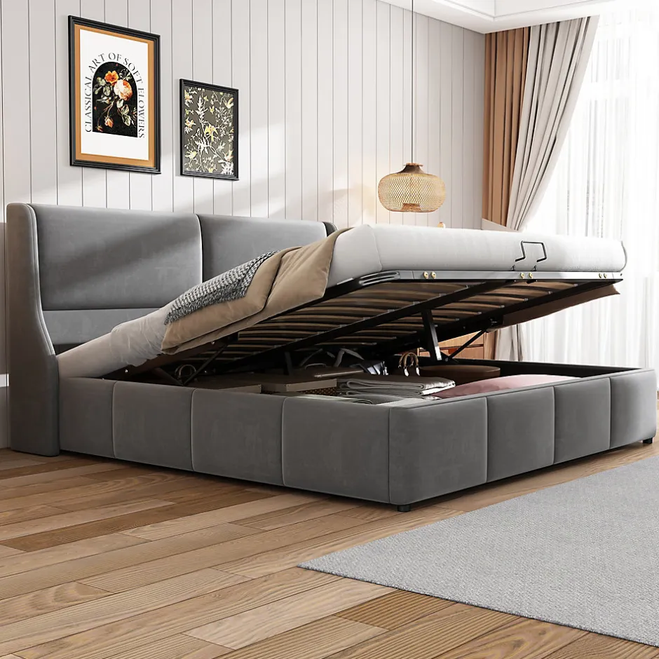 Okwish Lit coffre 180x200 cm - Lit double capitonné avec tête de lit oreille - Velours - Sans Matelas - Gris