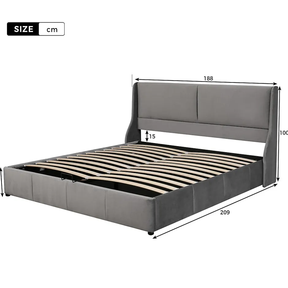 Okwish Lit coffre 180x200 cm - Lit double capitonné avec tête de lit oreille - Velours - Sans Matelas - Gris