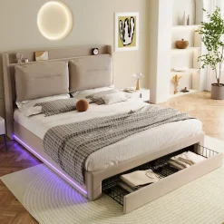 Generique Lit coffre 140x190 cm - Lit Double Capitonné avec Tiroirs et Éclairage LED - Velours - Sans Matelas - Beige