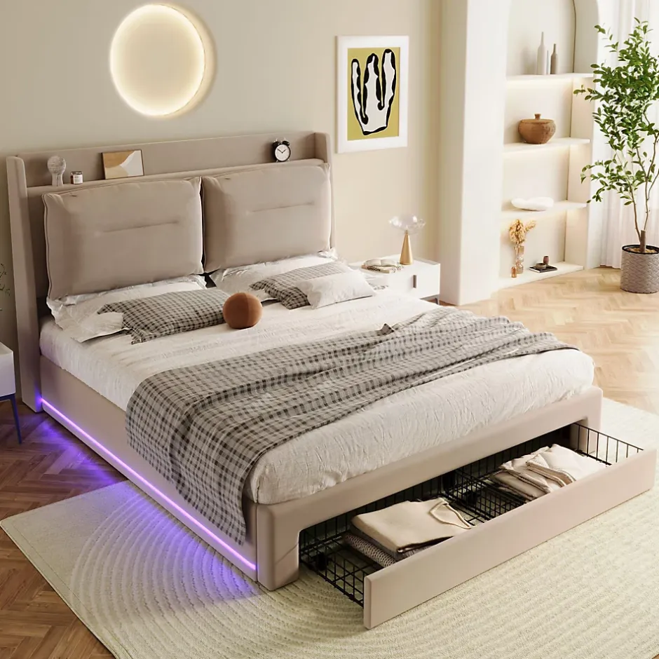 Generique Lit coffre 140x190 cm - Lit Double Capitonné avec Tiroirs et Éclairage LED - Velours - Sans Matelas - Beige