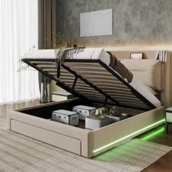Generique Lit coffre 140x190 cm - Lit Double Capitonné avec Tiroirs et Éclairage LED - Velours - Sans Matelas - Beige