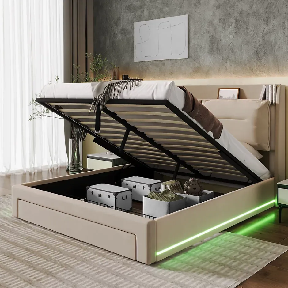 Generique Lit coffre 140x190 cm - Lit Double Capitonné avec Tiroirs et Éclairage LED - Velours - Sans Matelas - Beige
