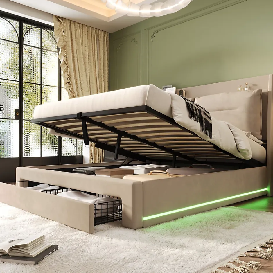 Generique Lit coffre 140x190 cm - Lit Double Capitonné avec Tiroirs et Éclairage LED - Velours - Sans Matelas - Beige