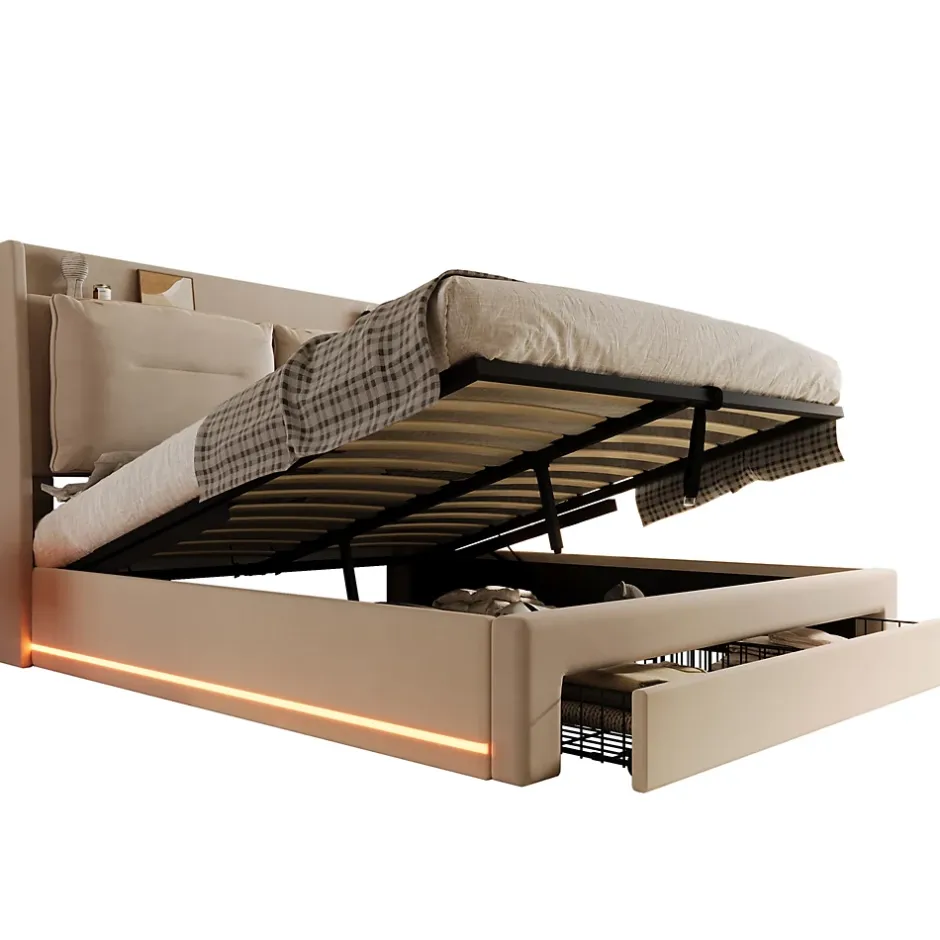 Generique Lit coffre 140x190 cm - Lit Double Capitonné avec Tiroirs et Éclairage LED - Velours - Sans Matelas - Beige