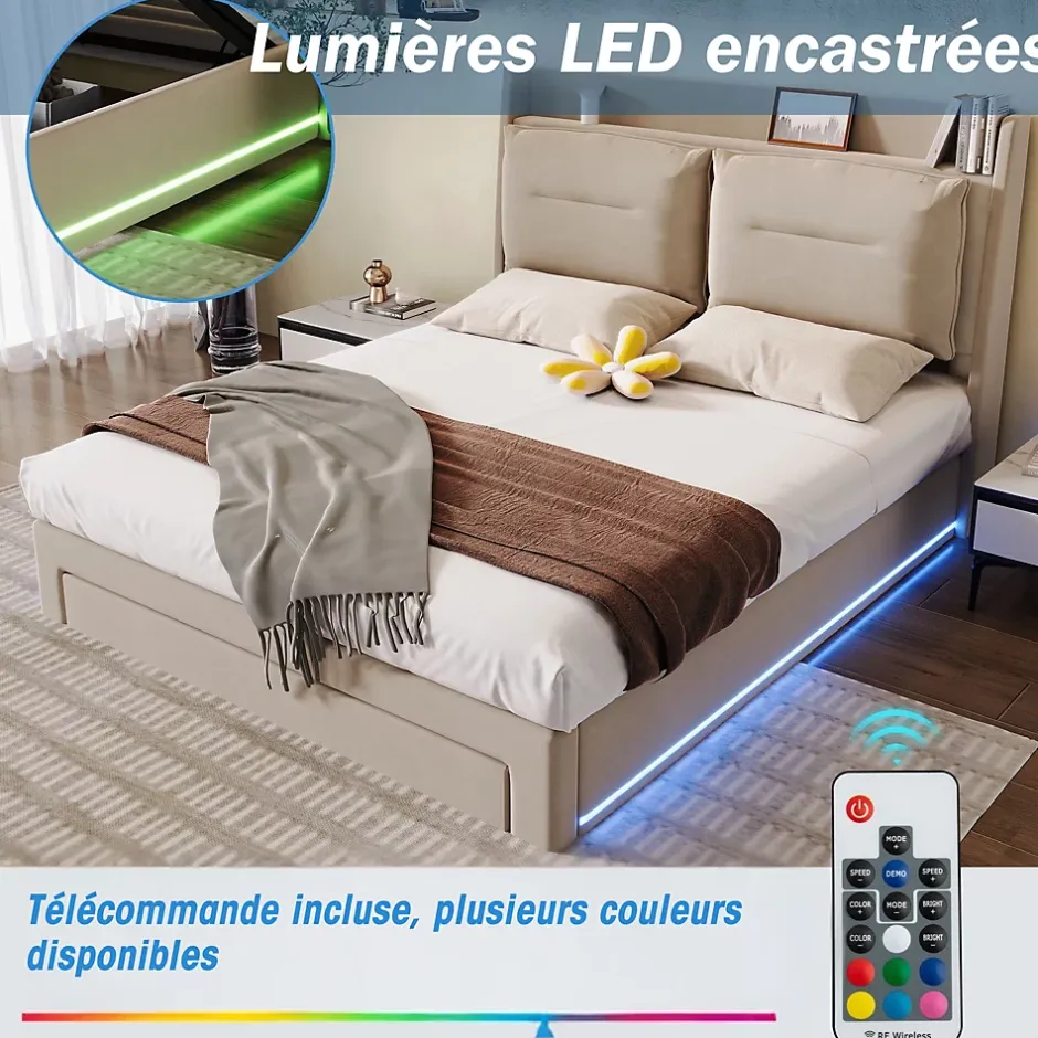 Generique Lit coffre 140x190 cm - Lit Double Capitonné avec Tiroirs et Éclairage LED - Velours - Sans Matelas - Beige