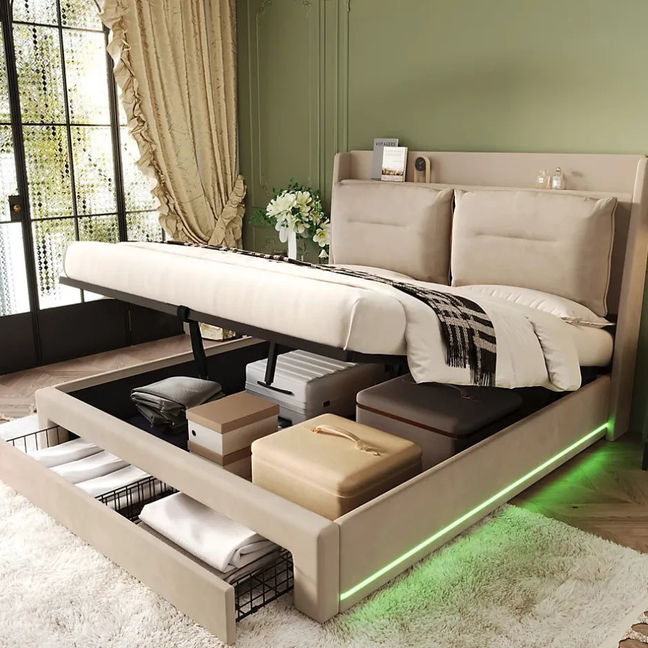 Generique Lit coffre 140x190 cm - Lit Double Capitonné avec Tiroirs et Éclairage LED - Velours - Sans Matelas - Beige