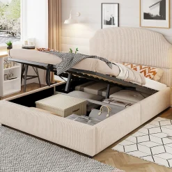 Okwish Lit Coffre 140x200 cm - Lit Double Adulte Capitonné avec Rangement Intégré, sans Matelas - Velours Beige