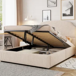 Okwish Lit Coffre 140x200 cm - Lit Double Adulte Capitonné avec Rangement Intégré, sans Matelas - Velours Beige
