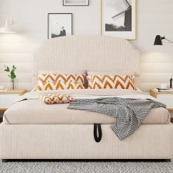 Okwish Lit Coffre 140x200 cm - Lit Double Adulte Capitonné avec Rangement Intégré, sans Matelas - Velours Beige