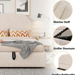 Okwish Lit Coffre 140x200 cm - Lit Double Adulte Capitonné avec Rangement Intégré, sans Matelas - Velours Beige