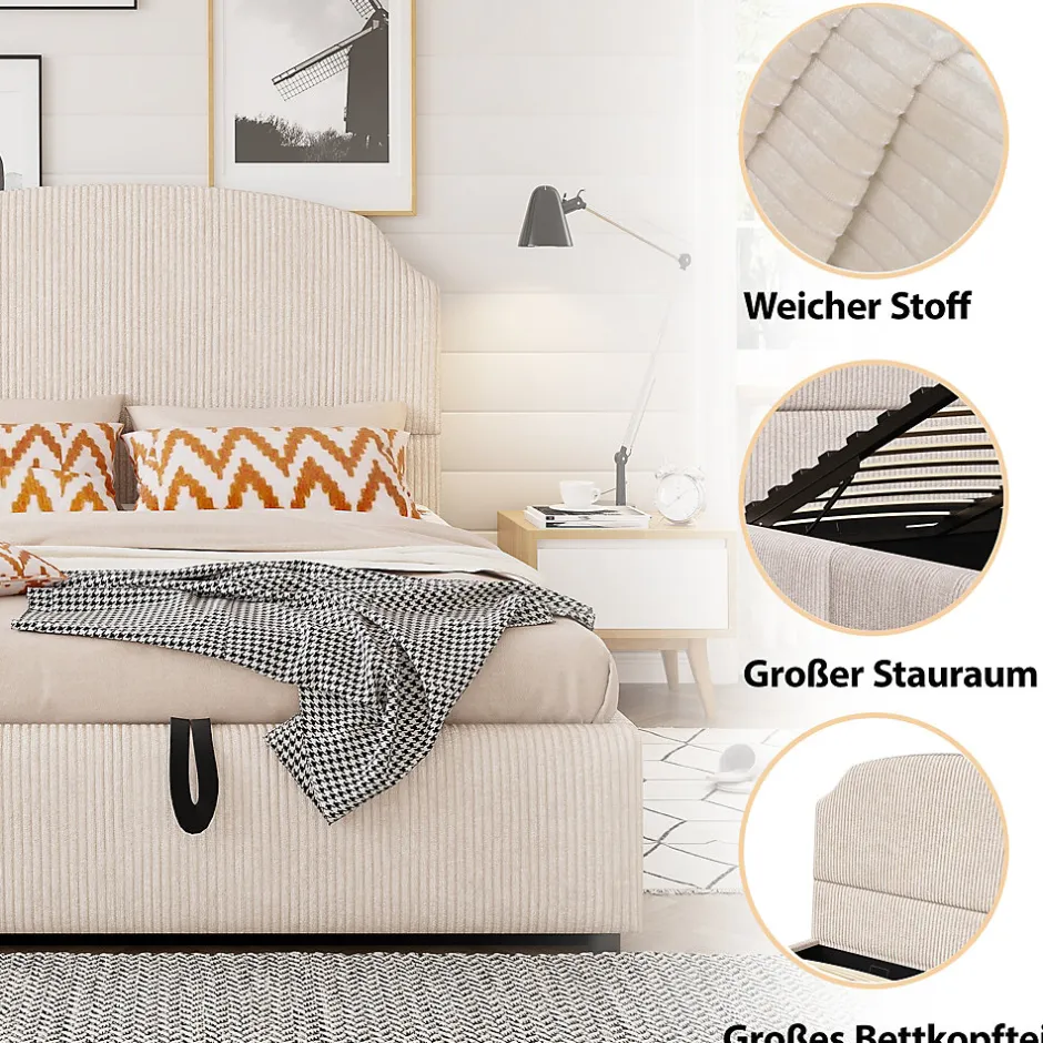 Okwish Lit Coffre 140x200 cm - Lit Double Adulte Capitonné avec Rangement Intégré, sans Matelas - Velours Beige