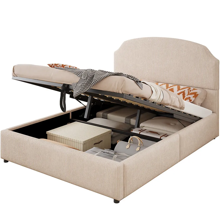 Okwish Lit Coffre 140x200 cm - Lit Double Adulte Capitonné avec Rangement Intégré, sans Matelas - Velours Beige