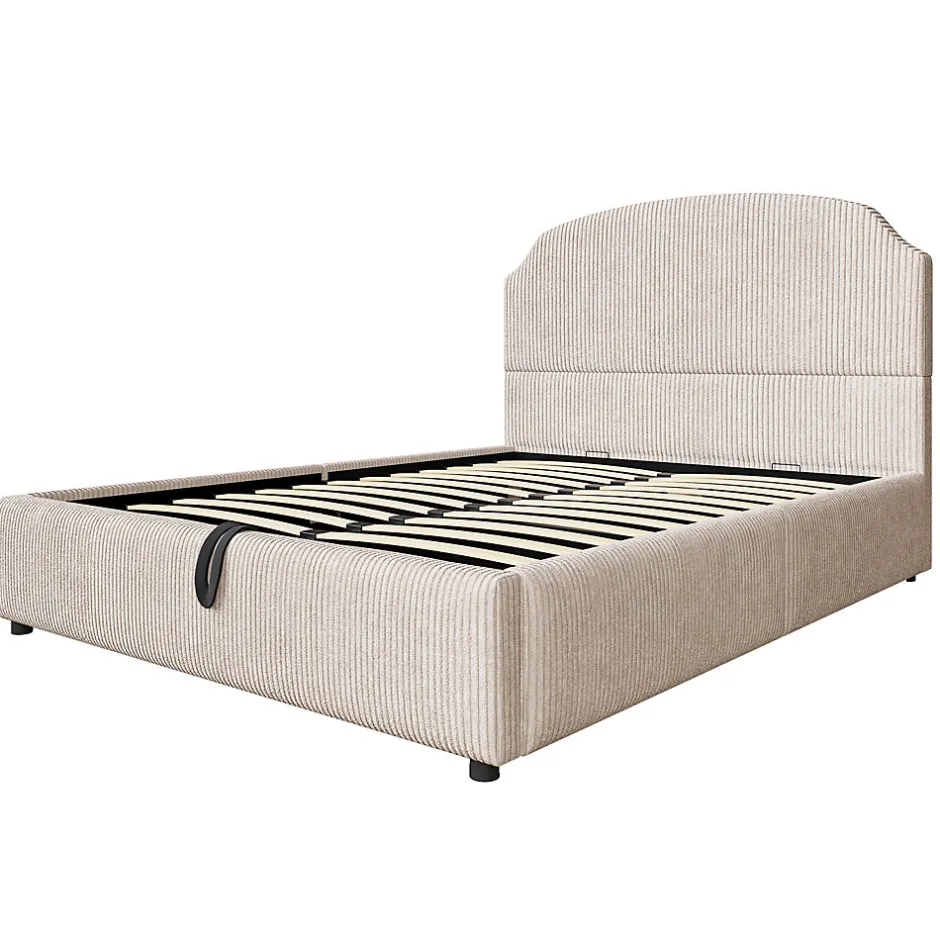 Okwish Lit Coffre 140x200 cm - Lit Double Adulte Capitonné avec Rangement Intégré, sans Matelas - Velours Beige
