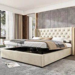 Okwish Lit coffre 180x200 cm - Lit double avec sommier à lattes et coffre hydraulique - Velours - Sans Matelas - Beige Sale