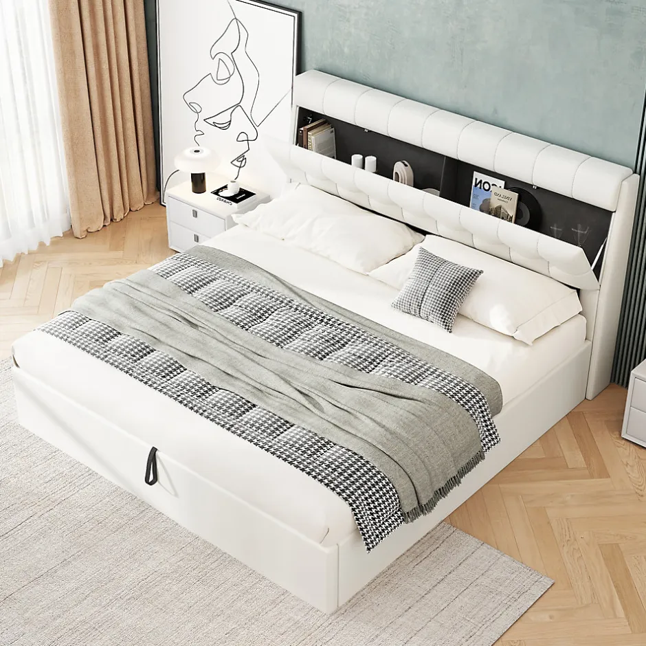 Okwish Lit Coffre 160x200 cm - Lit Double Capitonné avec Tête de Lit et Rangement Caché - PU - Sans Matelas - Blanc
