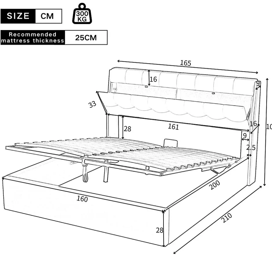 Okwish Lit Coffre 160x200 cm - Lit Double Capitonné avec Tête de Lit et Rangement Caché - PU - Sans Matelas - Blanc