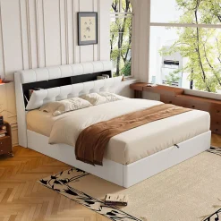 Okwish Lit Coffre 160x200 cm - Lit Double Capitonné avec Tête de Lit et Rangement Caché - PU - Sans Matelas - Blanc