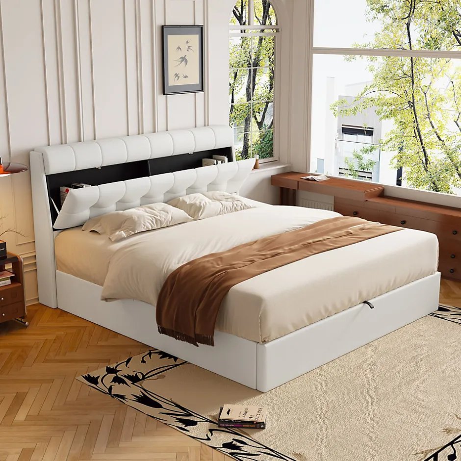 Okwish Lit Coffre 160x200 cm - Lit Double Capitonné avec Tête de Lit et Rangement Caché - PU - Sans Matelas - Blanc