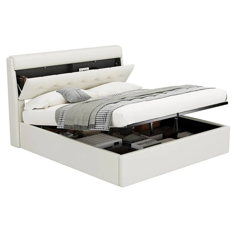 Okwish Lit Coffre 160x200 cm - Lit Double Capitonné avec Tête de Lit et Rangement Caché - PU - Sans Matelas - Blanc