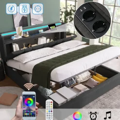 Generique Lit Coffre 140x200 cm - Lit Double Rembourré - Tête de Lit avec Rangement - Lin - Sans Matelas - Gris