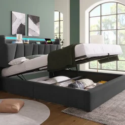 Generique Lit Coffre 140x200 cm - Lit Double Rembourré - Tête de Lit avec Rangement - Lin - Sans Matelas - Gris