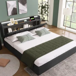 Generique Lit Coffre 140x200 cm - Lit Double Rembourré - Tête de Lit avec Rangement - Lin - Sans Matelas - Gris