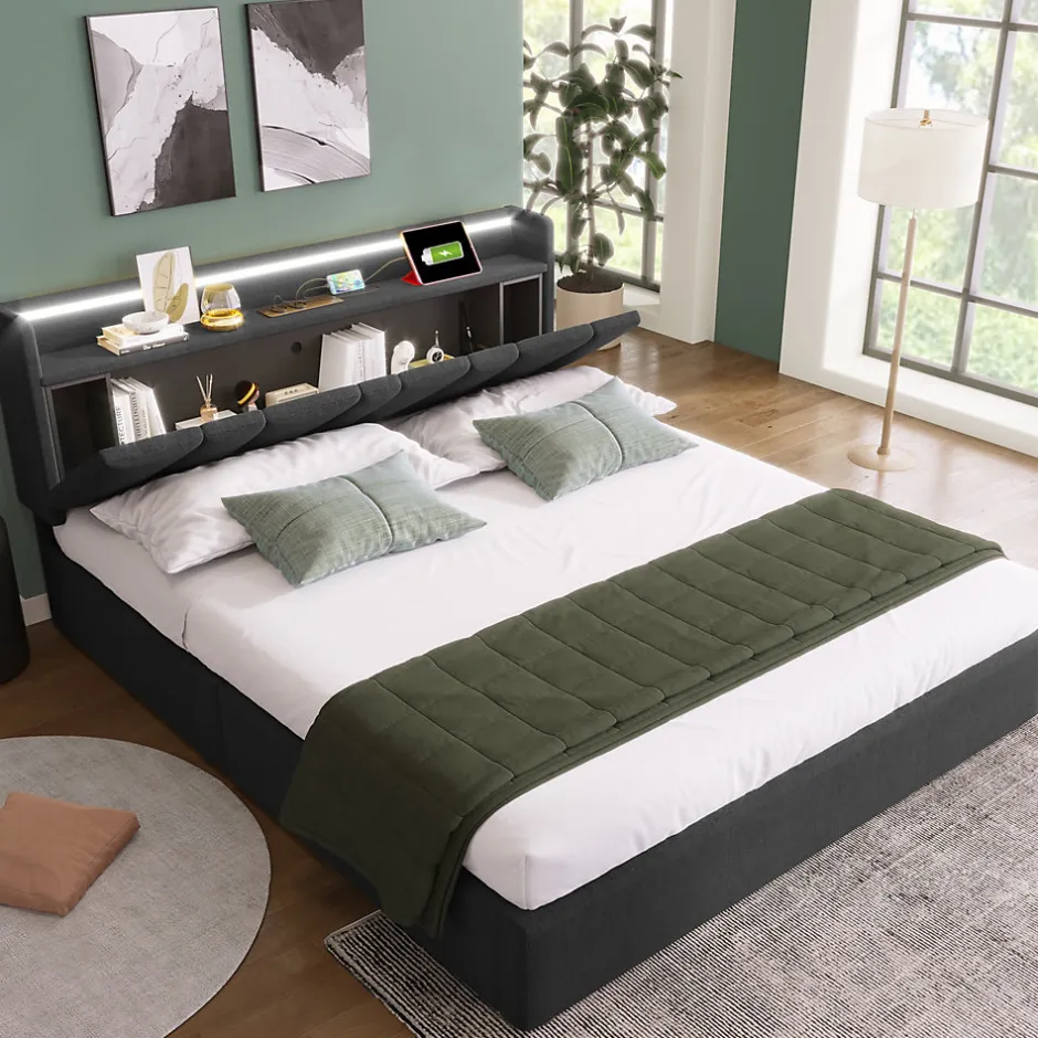 Generique Lit Coffre 140x200 cm - Lit Double Rembourré - Tête de Lit avec Rangement - Lin - Sans Matelas - Gris