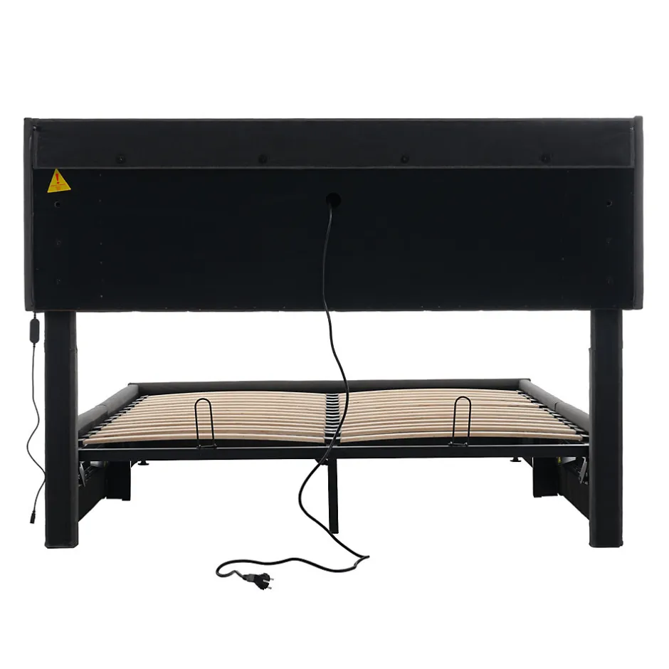 Generique Lit Coffre 140x200 cm - Lit Double Rembourré - Tête de Lit avec Rangement - Lin - Sans Matelas - Gris