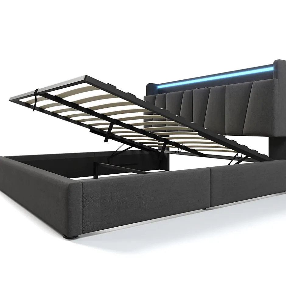 Generique Lit Coffre 140x200 cm - Lit Double Rembourré - Tête de Lit avec Rangement - Lin - Sans Matelas - Gris