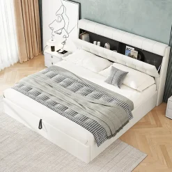 Okwish Lit Coffre 140x190 cm - Lit Double Capitonné avec Tête de Lit et Rangement Caché - PU - Sans Matelas - Blanc